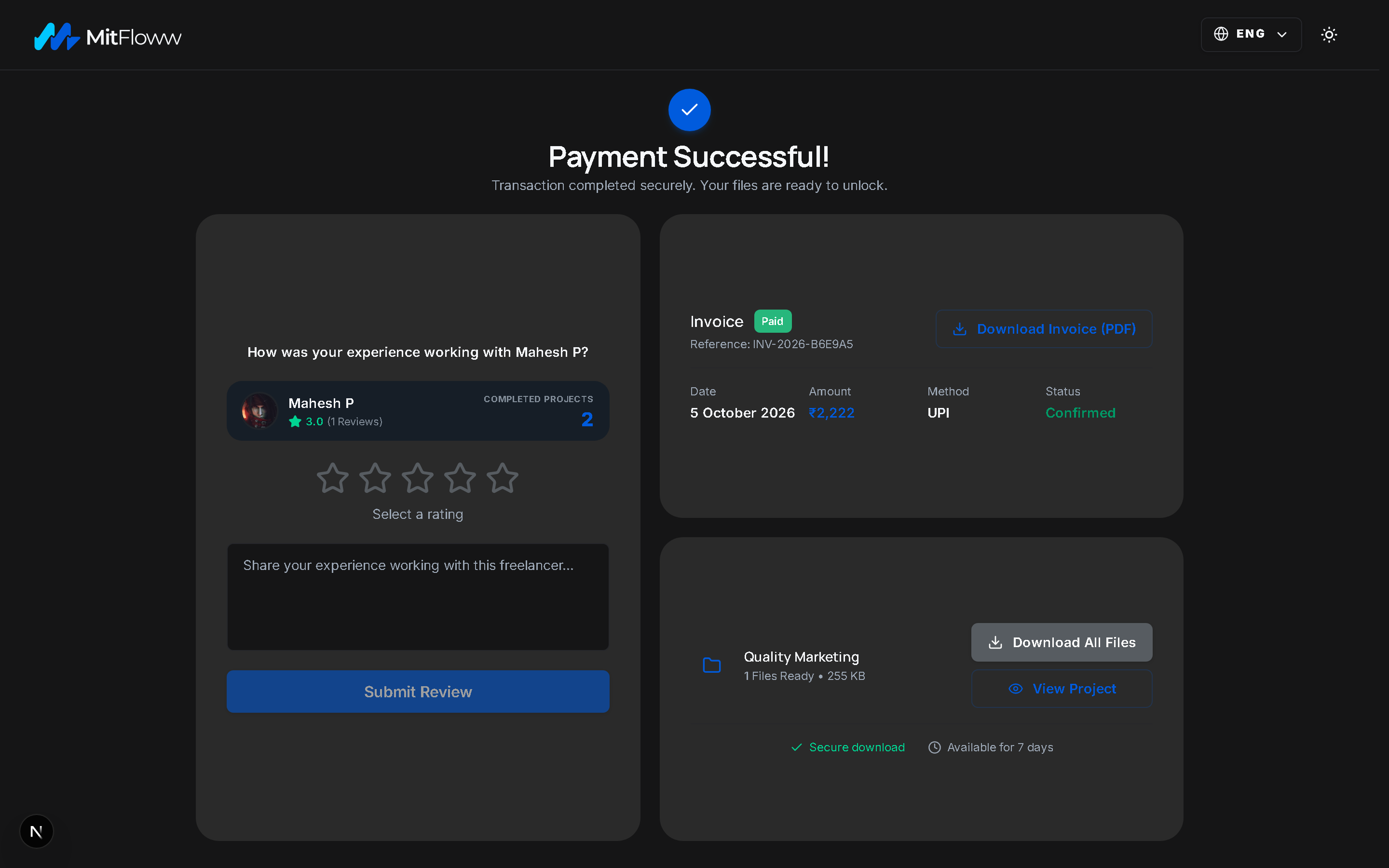 MitFloww payment confirmed with files ready to download
