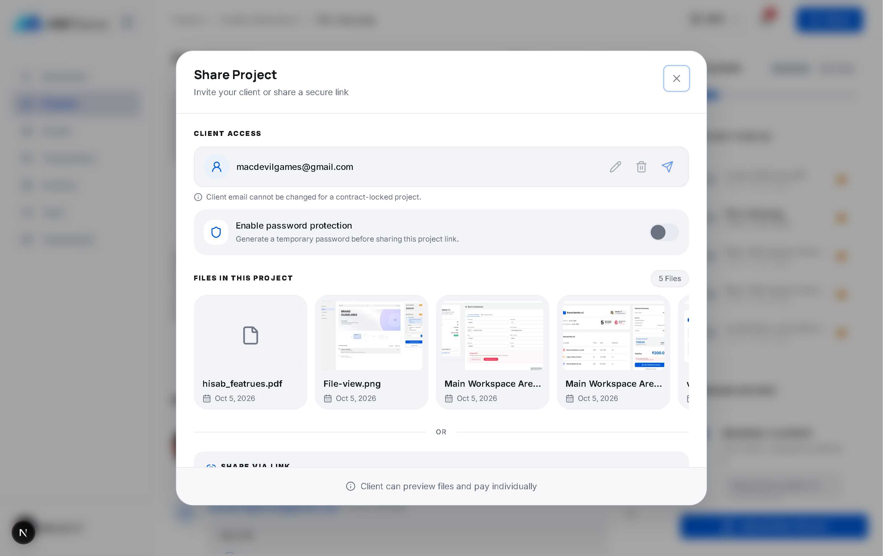 Real MitFloww Share Project modal with client information redacted