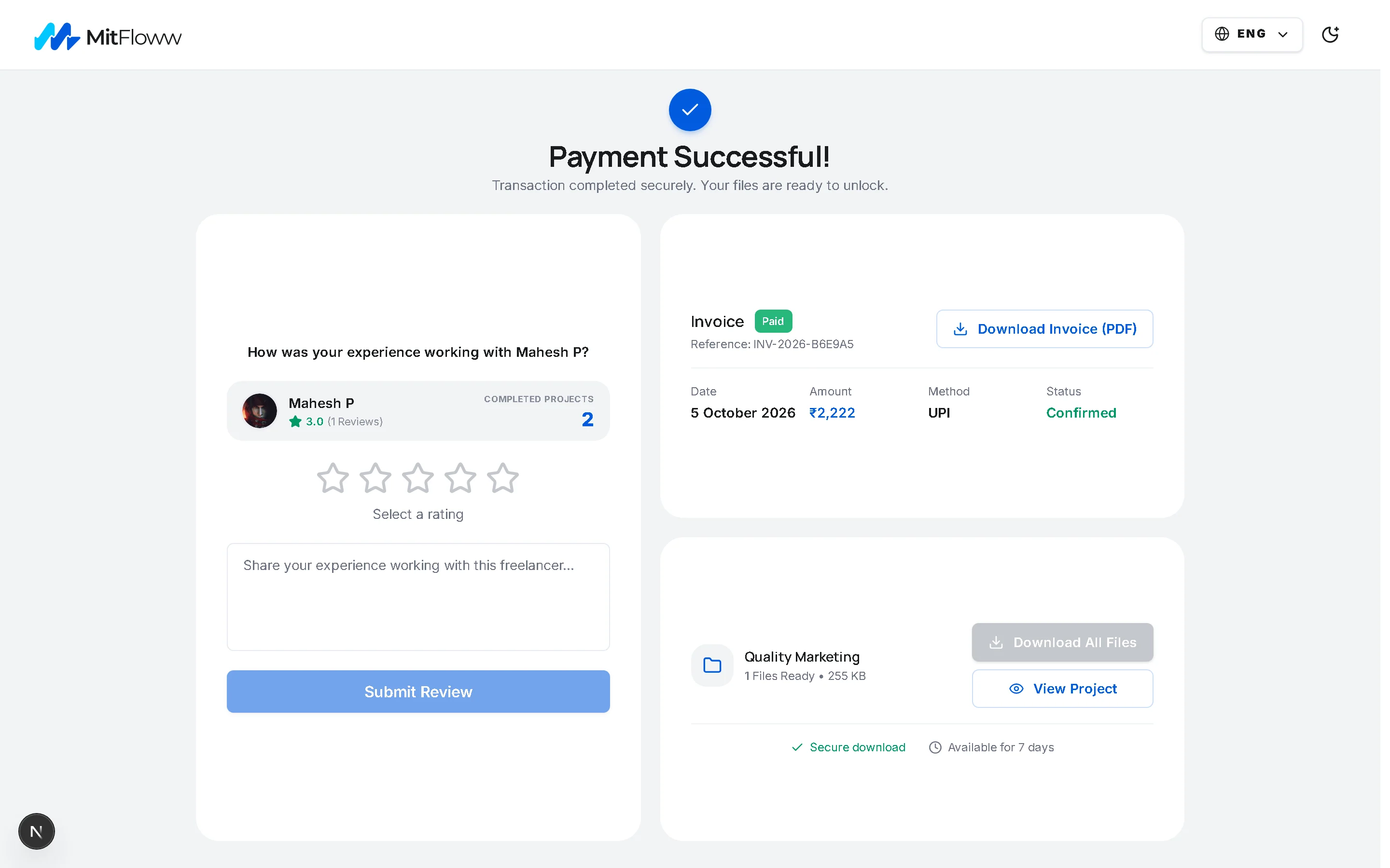 MitFloww payment confirmed and files unlocked screen