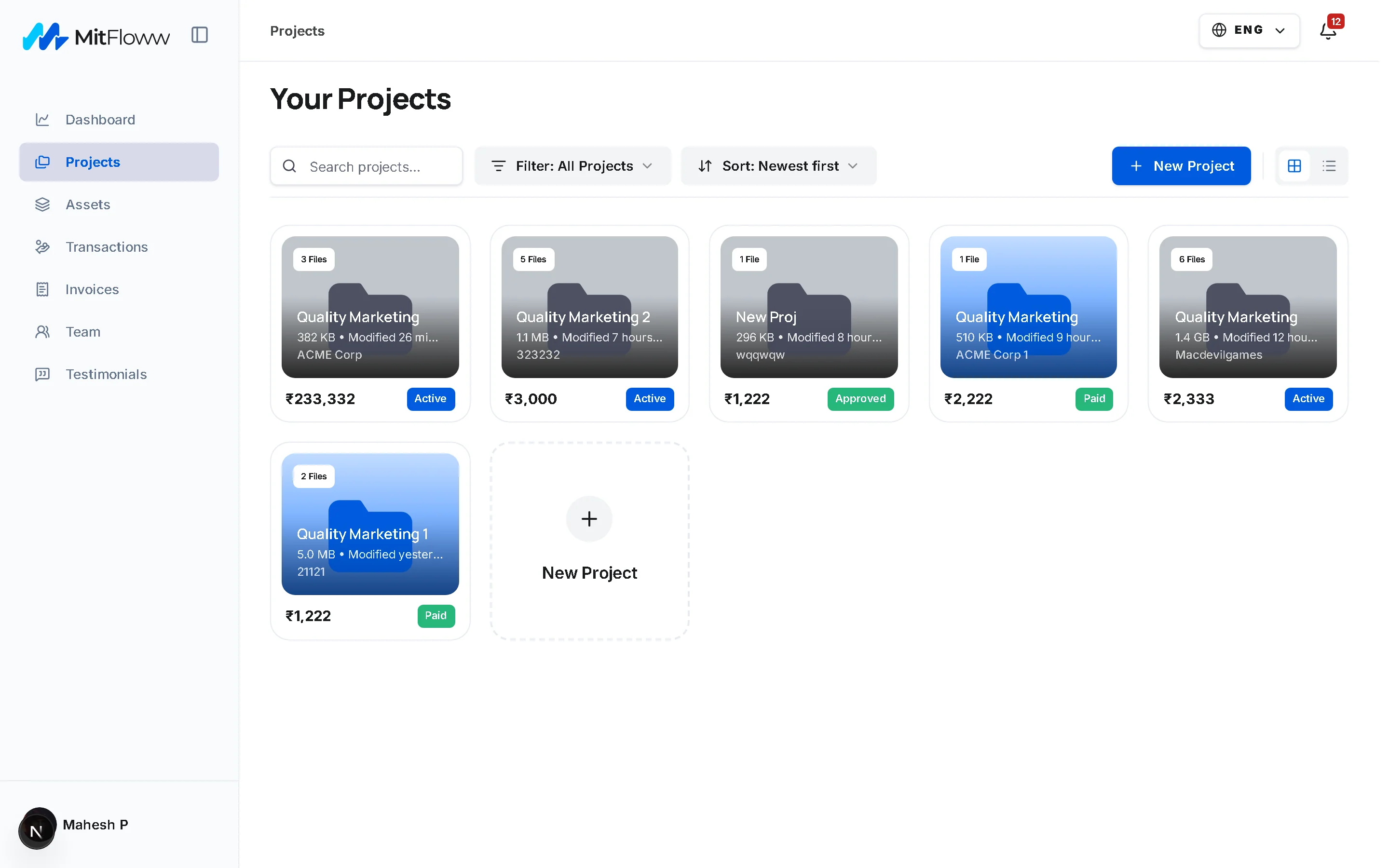 Real MitFloww Freelance Projects Management Workspace in Light Theme
